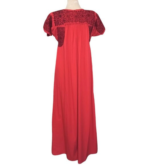 Mexican Oaxacan Red On Red Embroidered Dress Maxi Length Vintage Small Medium - Picture 4 of 16